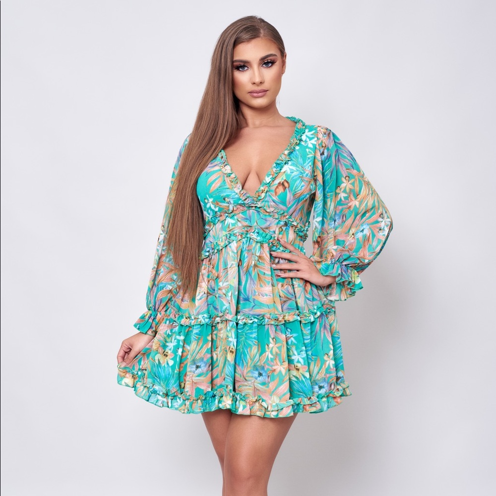 Green flowery mini dress